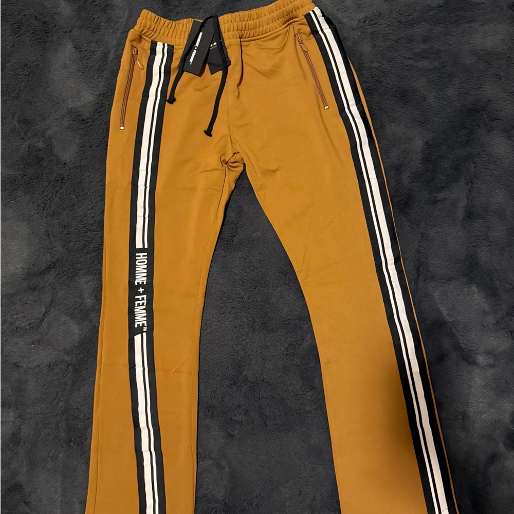 Homme+Femme Light Rust Brown Track Pants w Black & White Racer Stripe Size M NWT